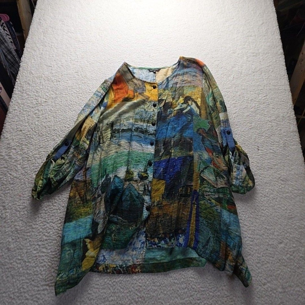 John Mark Blouse Womens Plus 2X Multicolor Scoop Neck 3/4 Roll Tab Art Tunic Top
